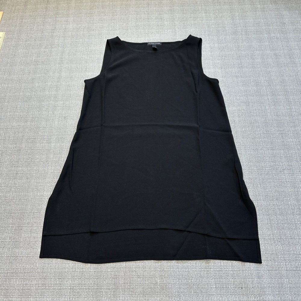 Eileen‎ Fisher Petite 100% Silk Long Tank Top 2P - 4P Black Whimsigoth Flowy